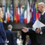 European Council President Charles Michel, right, speaks with European Commission President Ursula von der Leyen after an EU summit, in video conference format, at the European Council in Brussels, on June 19, 2020. (Olivier Hoslet, Pool Photo via AP)