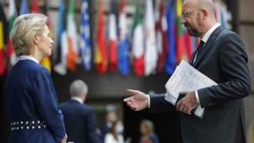 European Council President Charles Michel, right, speaks with European Commission President Ursula von der Leyen after an EU summit, in video conference format, at the European Council in Brussels, on June 19, 2020. (Olivier Hoslet, Pool Photo via AP)