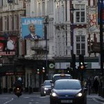 Closed Theatres on London's empty Shaftesbury Avenue in March 2020 - Copyright Frank Augstein/AP