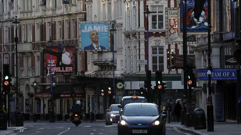 Closed Theatres on London's empty Shaftesbury Avenue in March 2020 - Copyright Frank Augstein/AP