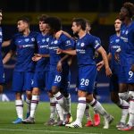 Willian celebrates with teammates after scoring his Chelsea’s second goal against Manchester City from the penalty spot. Photograph: Darren Walsh/Chelsea FC/Getty Images