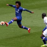 Chelsea’s Willian takes flight during training at Stamford Bridge. Photograph: Darren Walsh/Chelsea FC/Getty Images