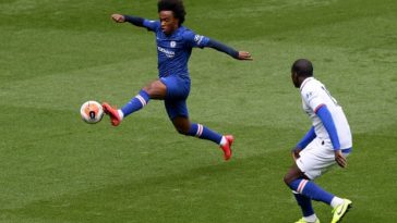 Chelsea’s Willian takes flight during training at Stamford Bridge. Photograph: Darren Walsh/Chelsea FC/Getty Images