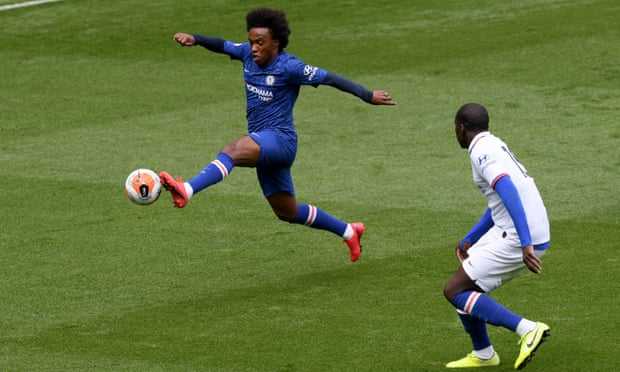 Chelsea’s Willian takes flight during training at Stamford Bridge. Photograph: Darren Walsh/Chelsea FC/Getty Images