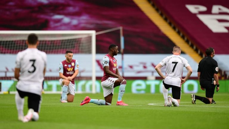 Players take knee during a match as Premier League makes its eagerly anticipated return today after 100 days in lockdown but behind closed doors due to coronavirus restrictions on June 17, 2020. (AFP)