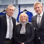 Carlo Ancelotti, pictured with chief executive Denise Barrett-Baxendale and director of football Marcel Brands, joined Everton in December