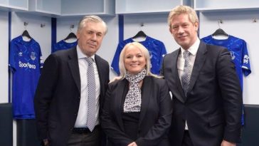 Carlo Ancelotti, pictured with chief executive Denise Barrett-Baxendale and director of football Marcel Brands, joined Everton in December