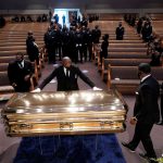 The casket of George Floyd is placed in the chapel during a funeral service for Floyd at the Fountain of Praise church, in Houston, June 9, 2020.