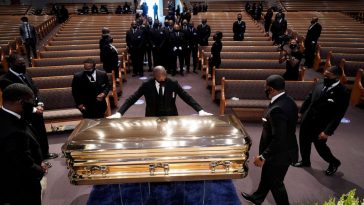The casket of George Floyd is placed in the chapel during a funeral service for Floyd at the Fountain of Praise church, in Houston, June 9, 2020.
