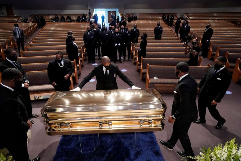 The casket of George Floyd is placed in the chapel during a funeral service for Floyd at the Fountain of Praise church, in Houston, June 9, 2020.