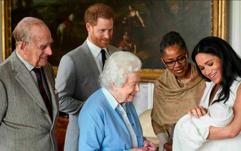 One of the most recent photographs of Prince Philip, meeting a newborn Archie Mountbatten-Windsor in May 2019 CREDIT: Chris Allerton
