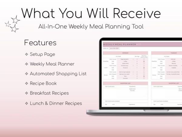 Weekly Meal Planner and Grocery List | Google Sheets Digital Template | Automated Shopping List | Food Prep | Printable Digital Meal Planner - Image 2